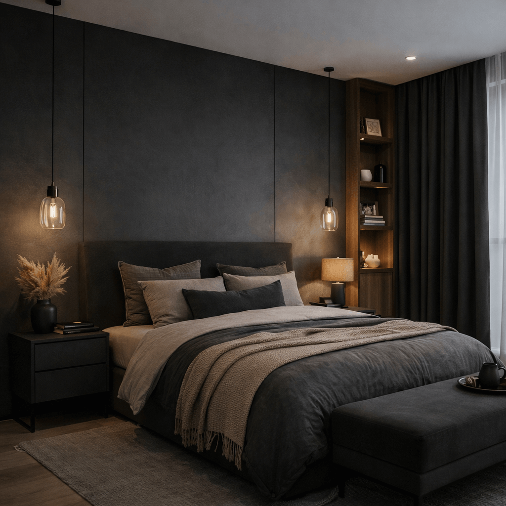 графитовый цвет в интерьере спальни