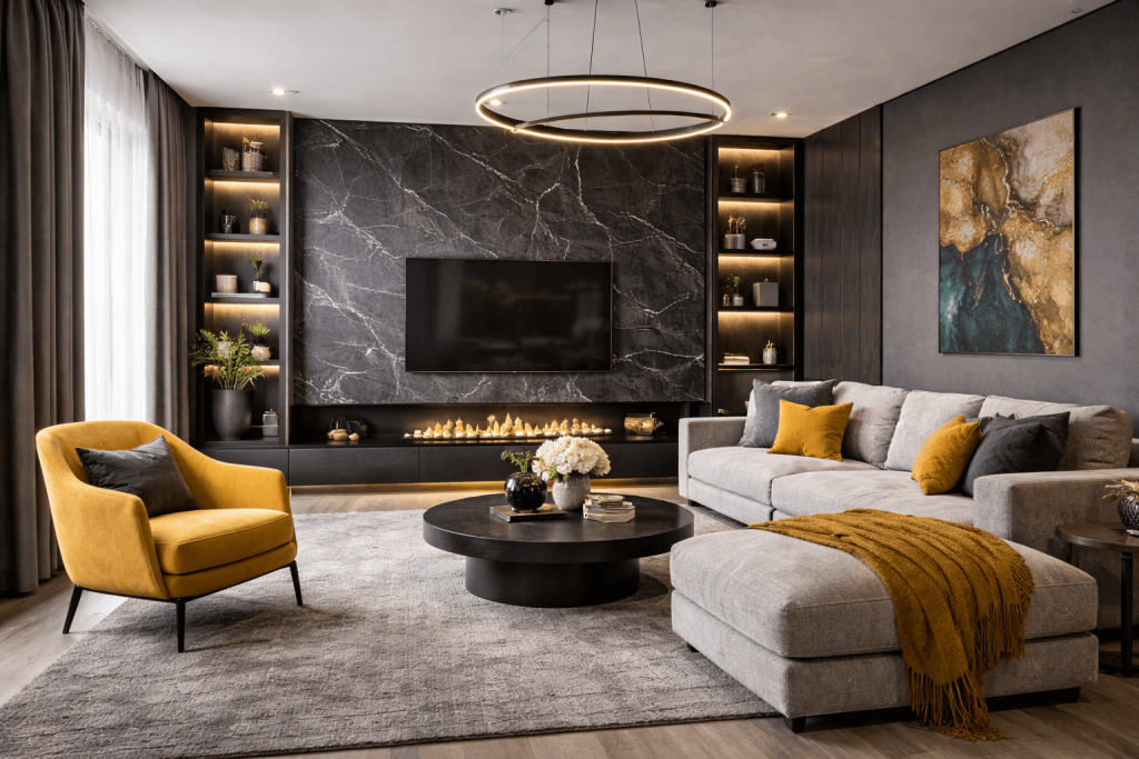 сочетание графитового и горчичного цвета в интерьере