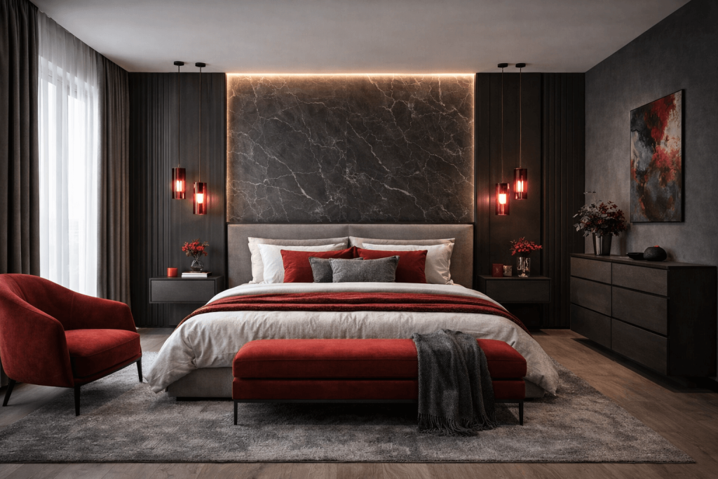 сочетание красного и графитового цвета в спальне