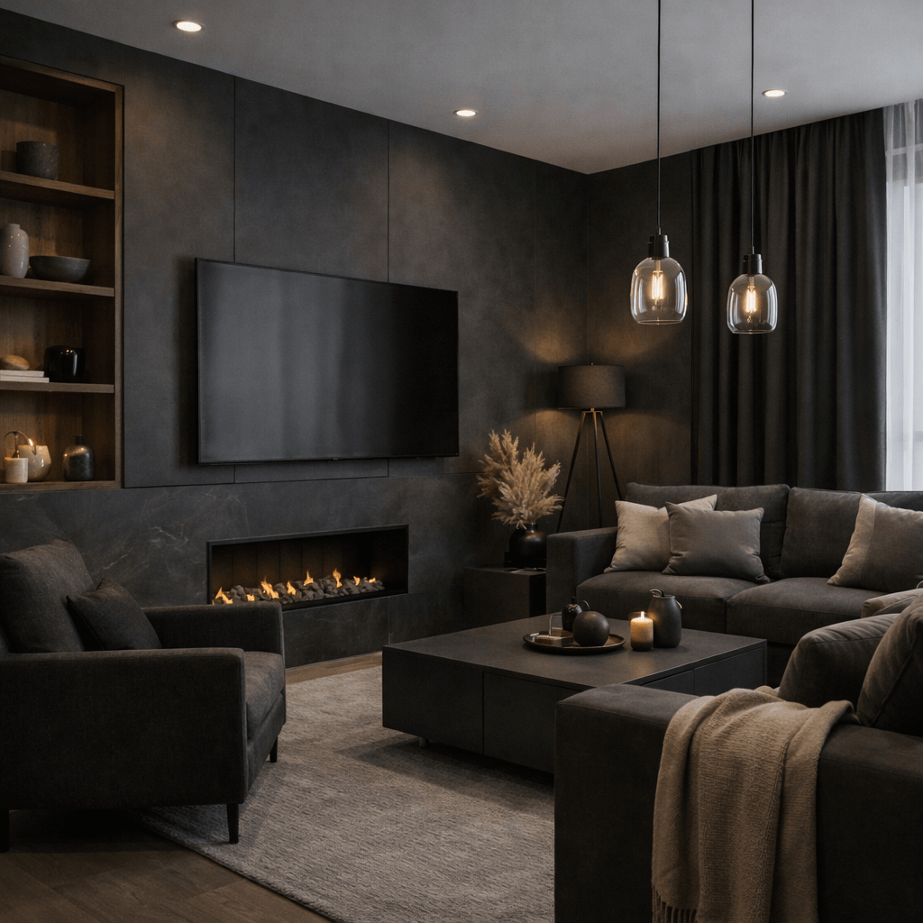графитовый цвет в интерьере гостиной